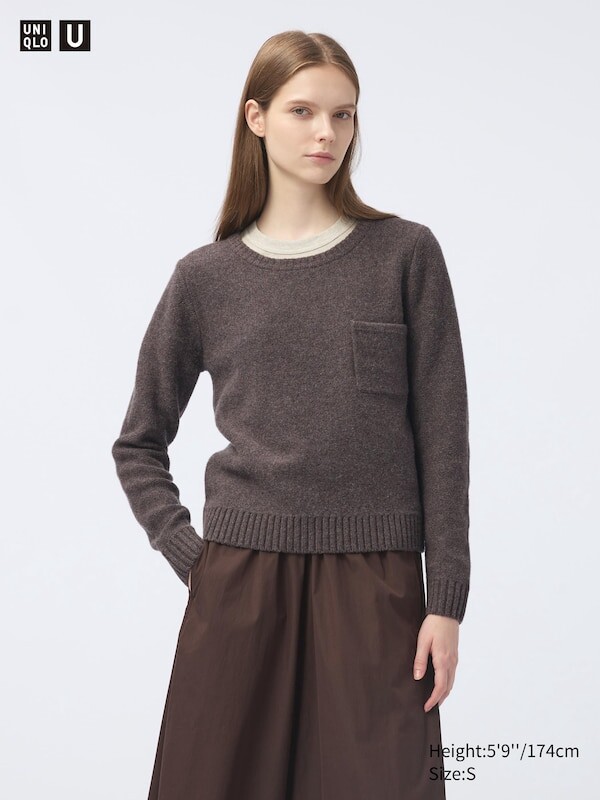 

Джемпер с круглым вырезом из овечьей шерсти карман Uniqlo, коричневый