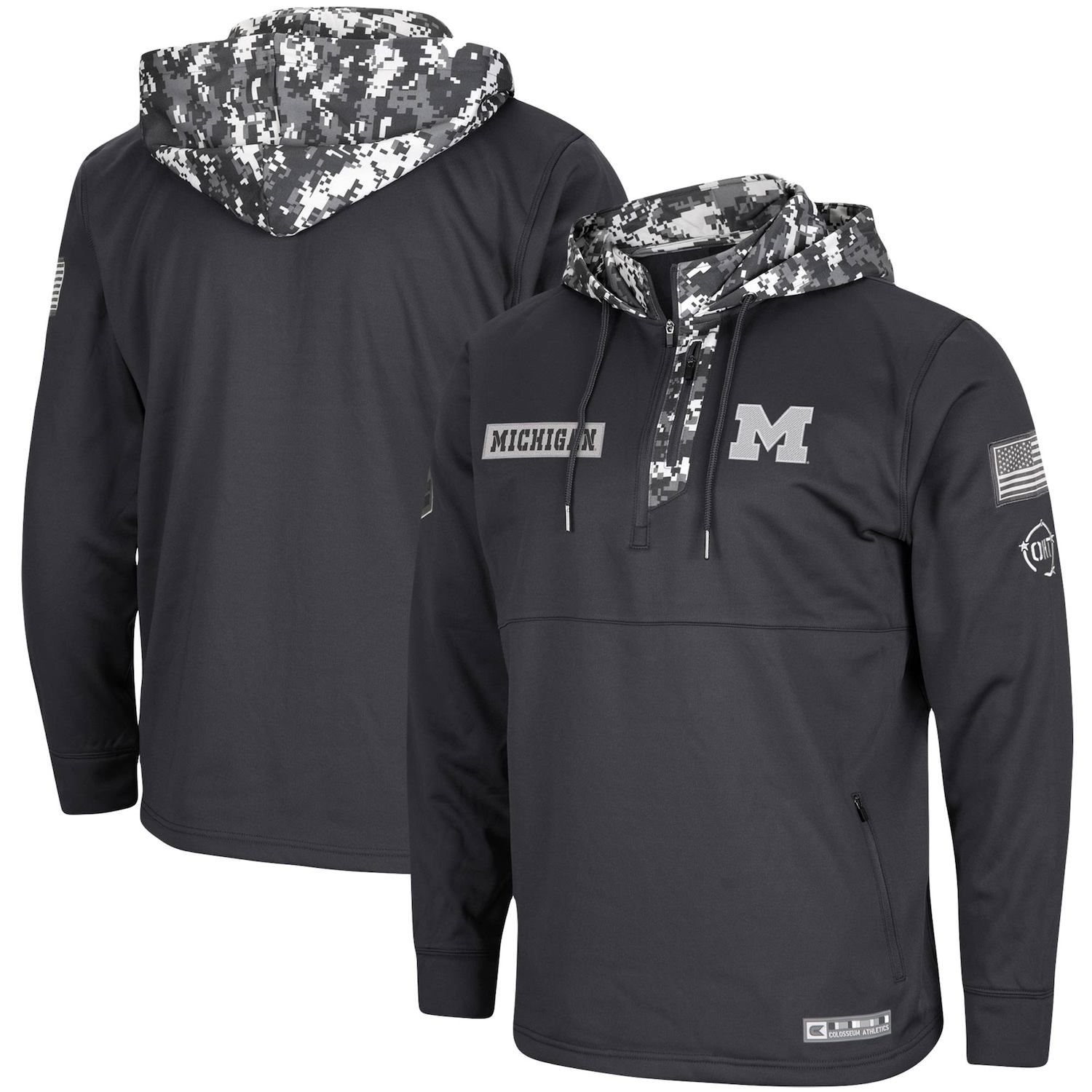 

Мужская темно-серая толстовка с молнией до четверти Michigan Wolverines OHT Military Appreciation Digi Camo Colosseum, Серый