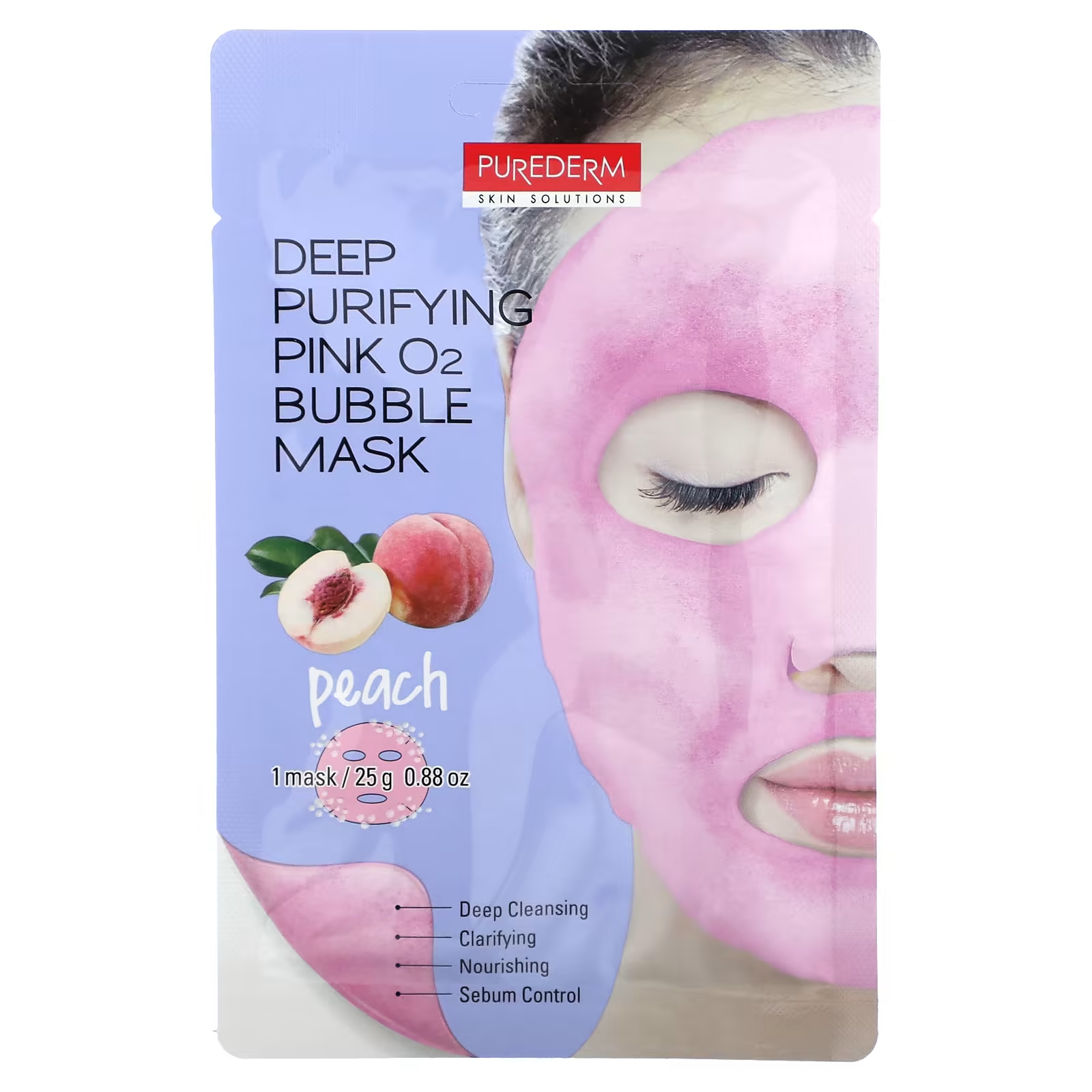 цена Purederm Deep Purifying Pink O2 Bubble Beauty Mask Персик, 1 тканевая маска, 0,88 унции (25 г)