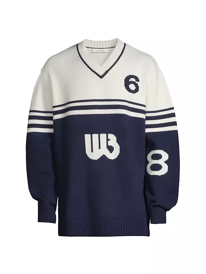 

Шерстяной свитер с V-образным вырезом и логотипом Wales Bonner, синий