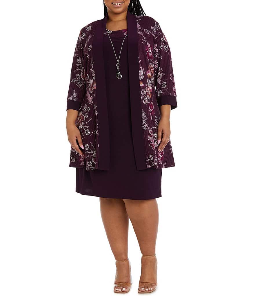 R & M Richards Платье-жакет из двух предметов с рукавами 3/4 и цветочным принтом размера плюс 3/4, фиолетовый
