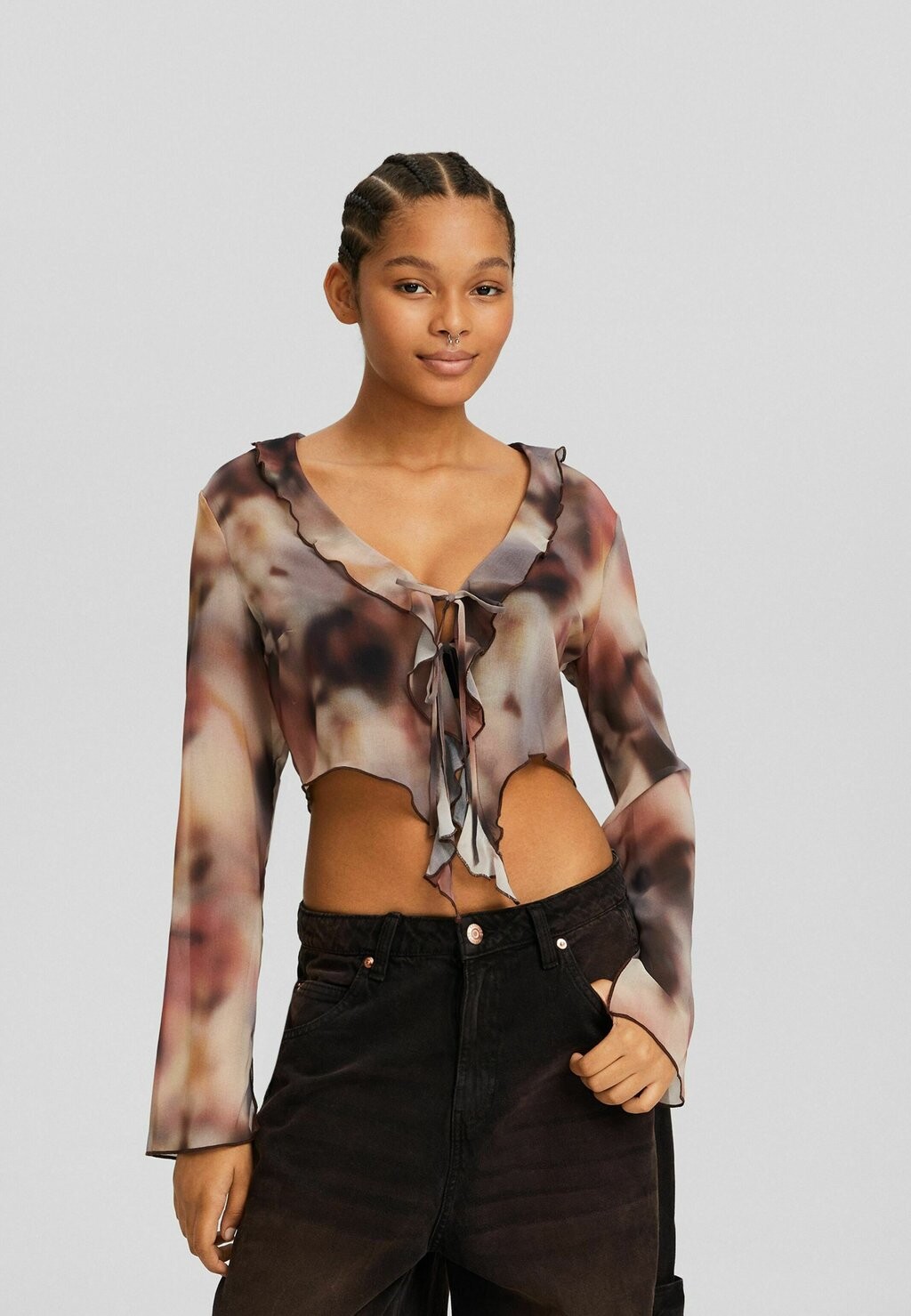 

Блузка Ruffled Long Sleeve Bershka, цвет dark brown