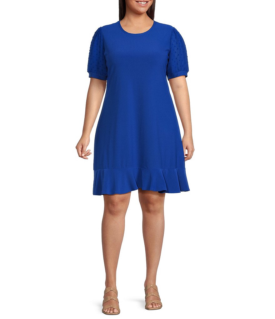 CeCe Трикотажное платье размера плюс с круглым вырезом в горошек и короткими рукавами, синий