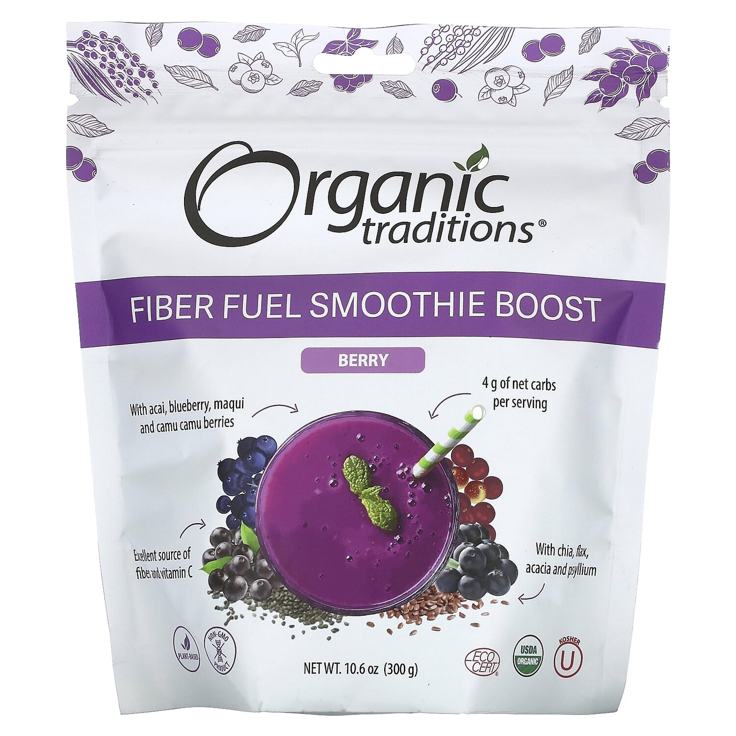 

Fiber Fuel Smoothie Boost, ягодный, 300 г (10,6 унции), Organic Traditions