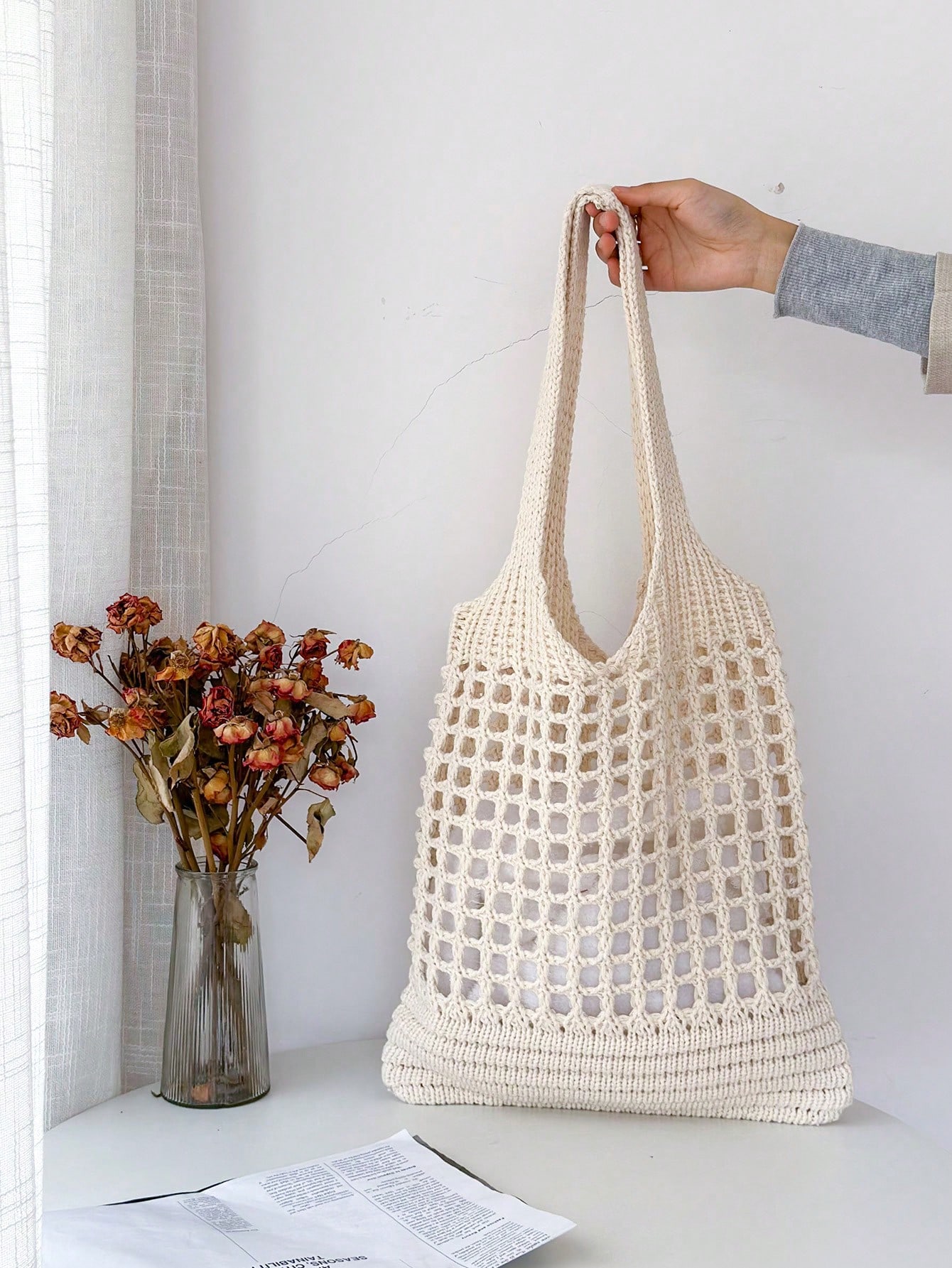 Легкая полая плетеная сумка для покупок для женщин, бежевый