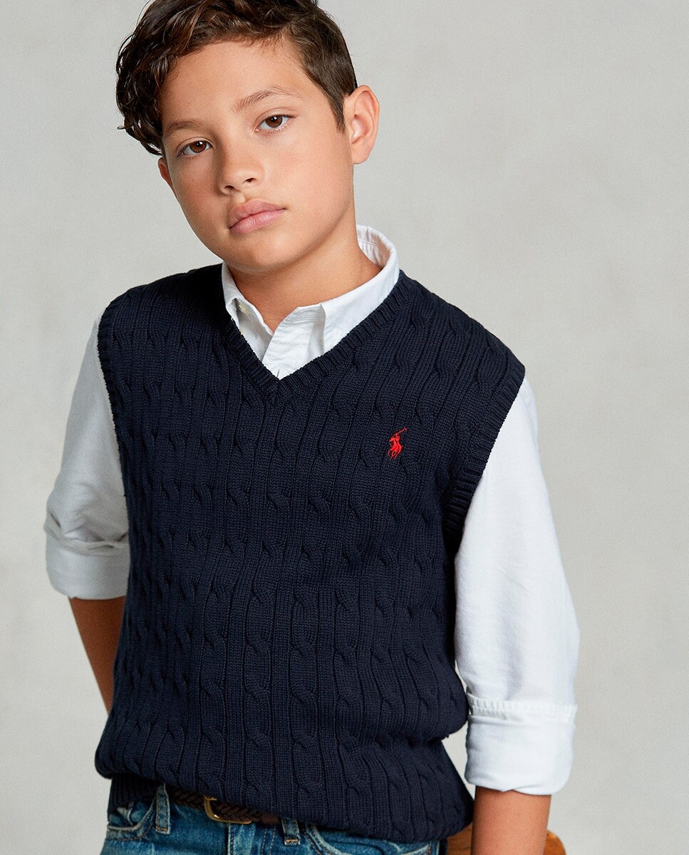 

Жилет для мальчика темно-синего цвета косой вязки Polo Ralph Lauren, темно-синий
