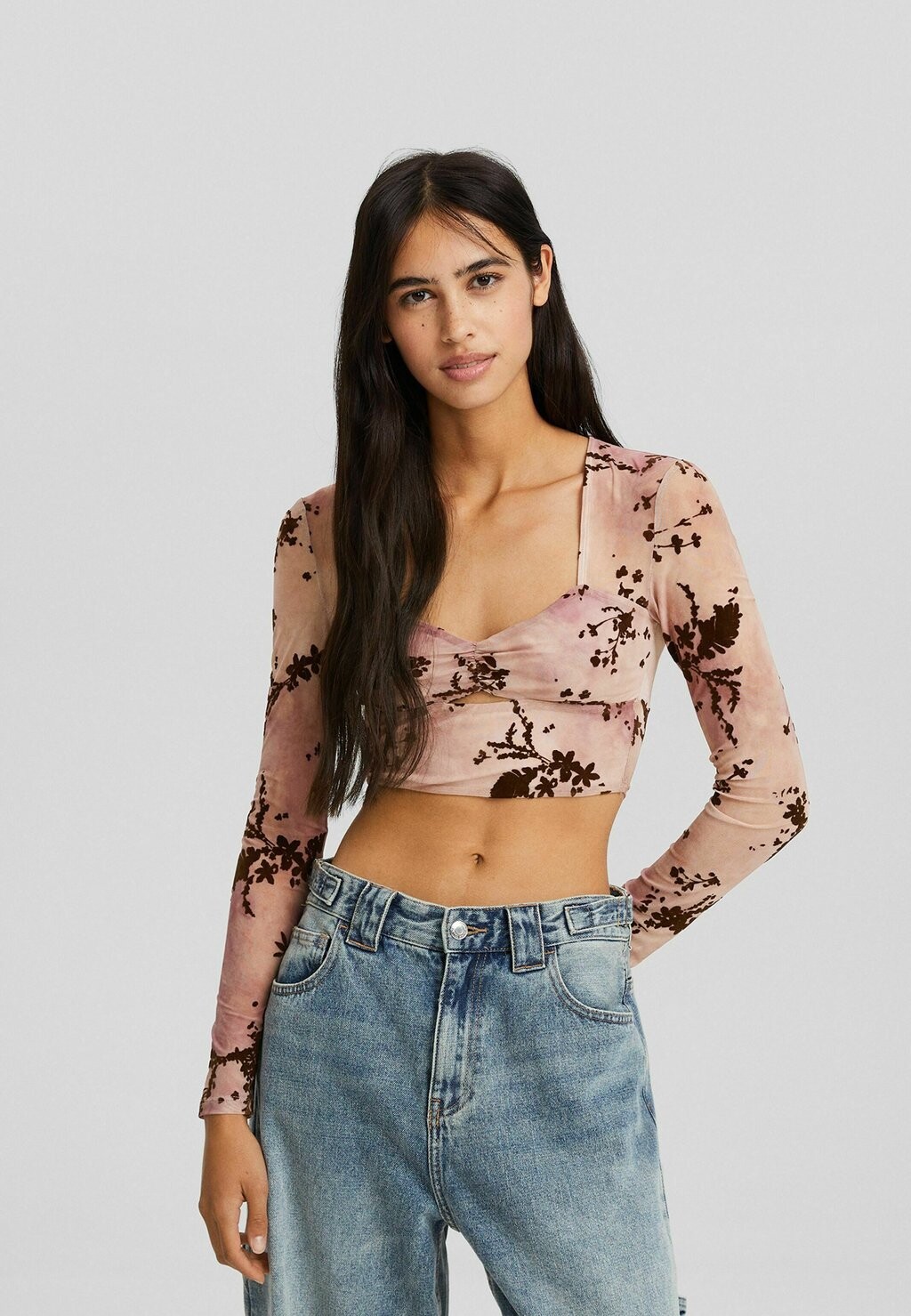 

Футболка с длинным рукавом Floral Bershka, цвет light brown