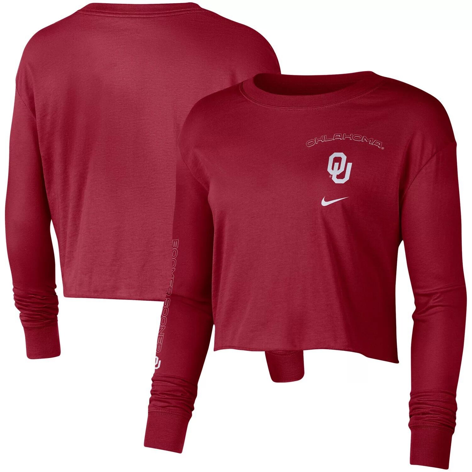 

Женская укороченная футболка с длинными рукавами Nike Crimson Oklahoma owners 2-Hit Nike