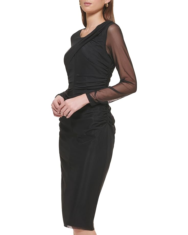 Платье DKNY Long Sleeve Crew Neck Ruched Mesh Midi Dress, черный