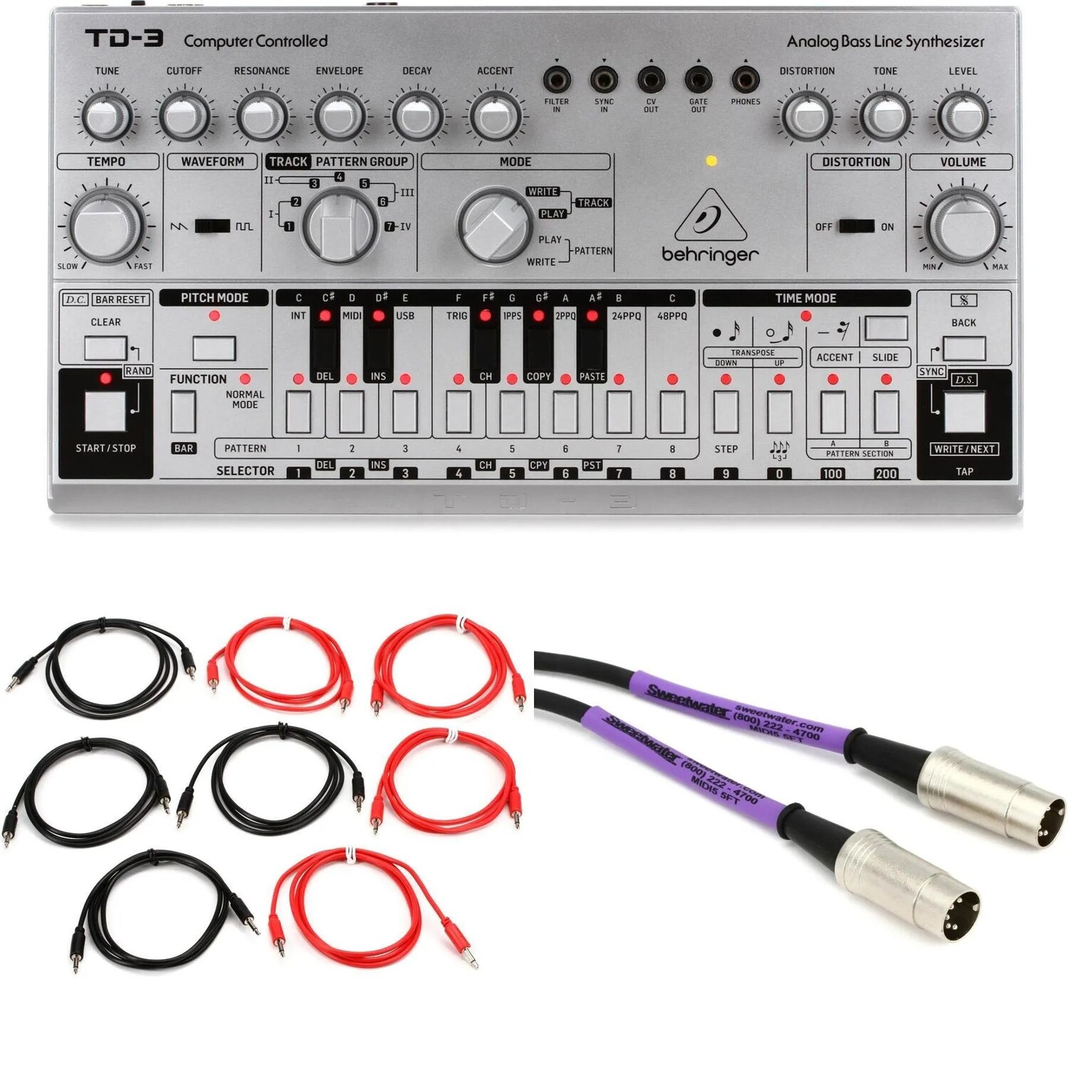 

Новый аналоговый синтезатор басовой линии Behringer TD-3-SR с кабелями — серебристый