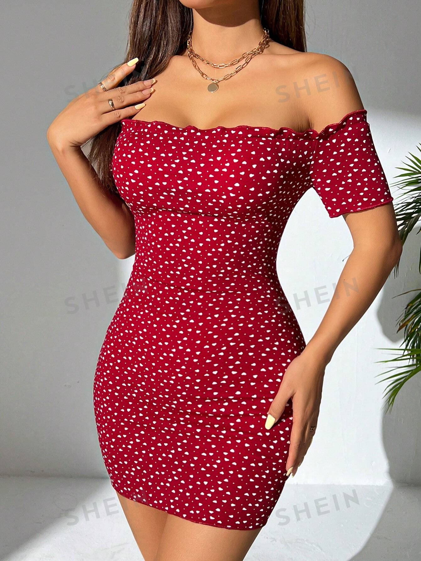 SHEIN PETITE Женское облегающее платье с открытыми плечами и сердечками, бургундия цена и фото