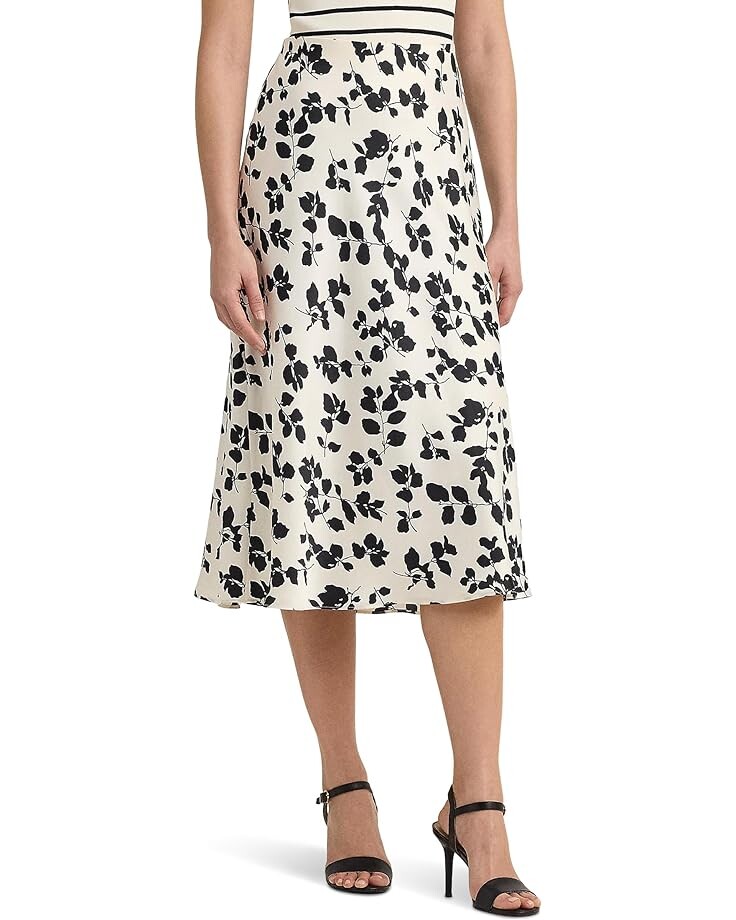 

Юбка LAUREN Ralph Lauren Leaf-Print Satin Charmeuse Midi, цвет Cream/Black
