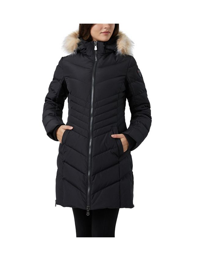 Женское стеганое пальто средней длины с отделкой шевроном и искусственным мехом Queens Pajar, черный цена и фото