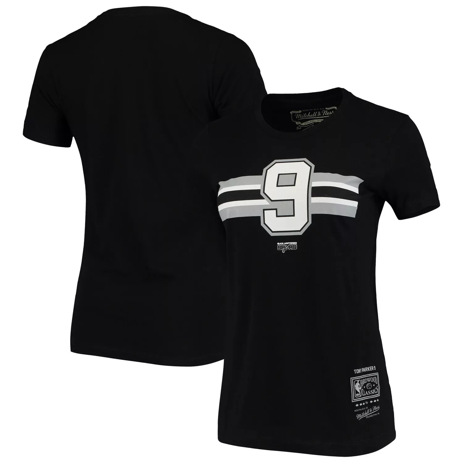 

Женская черная футболка с v-образным вырезом в полоску Mitchell & Ness Tony Parker San Antonio Spurs Team