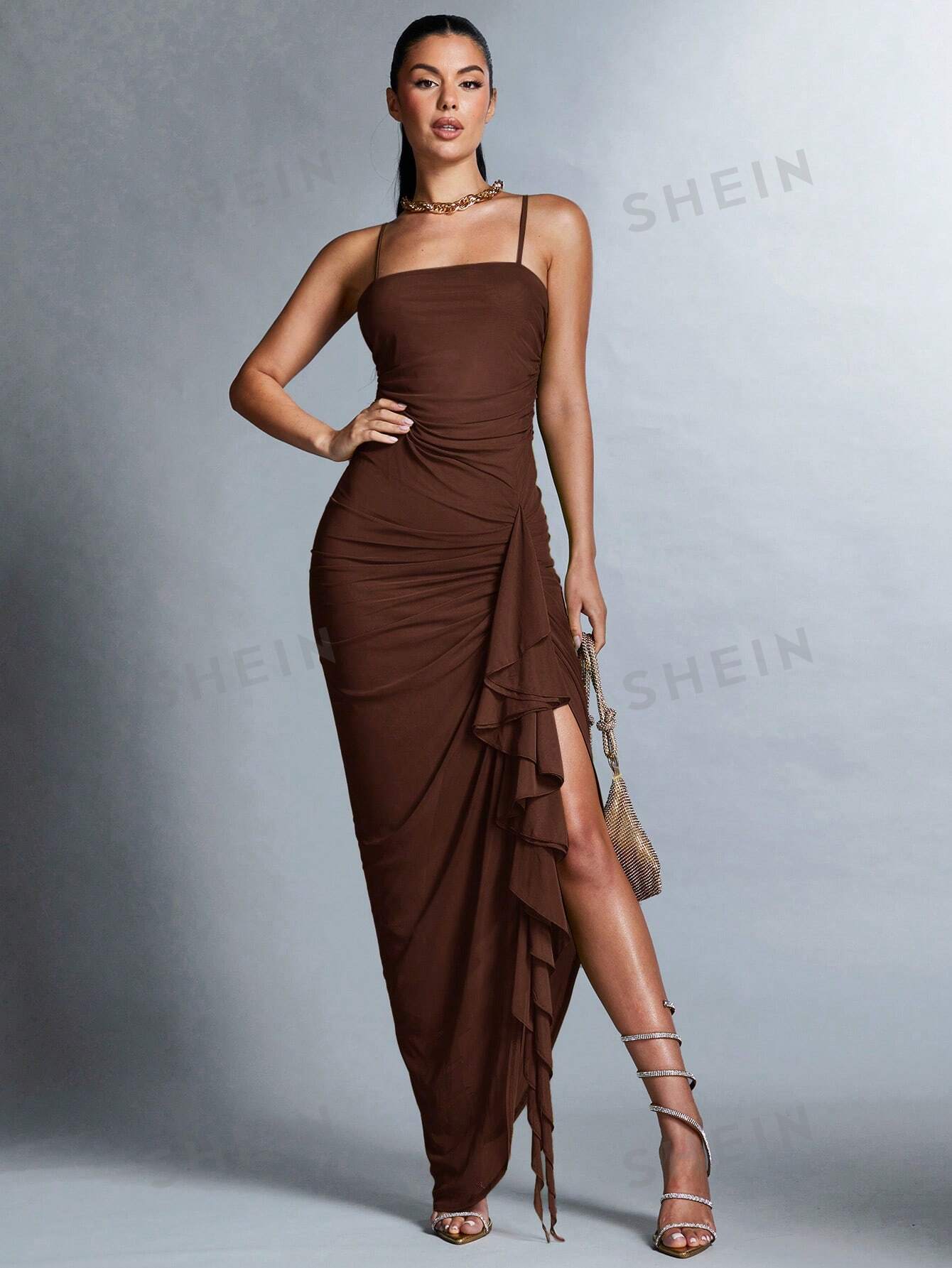 SHEIN BAE Женское однотонное плиссированное платье с воротником-халтер, кофейный коричневый