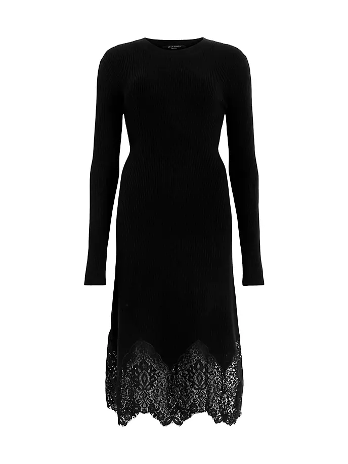 

Шерстяное платье миди Milly с кружевным краем Allsaints, черный