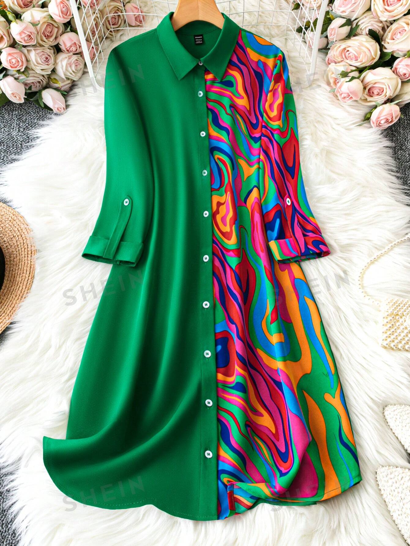 SHEIN LUNE Женское платье с принтом и пуговицами спереди, зеленый