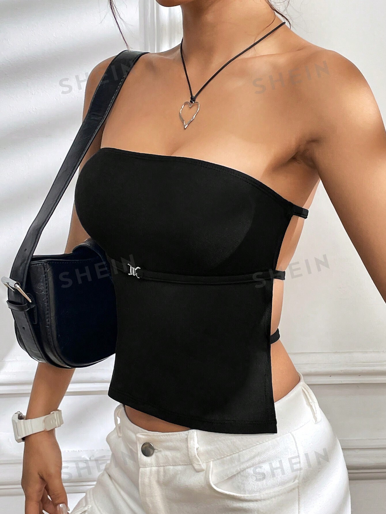 SHEIN EZwear Женский модный облегающий топ с открытой спиной и без бретелек, черный цена и фото