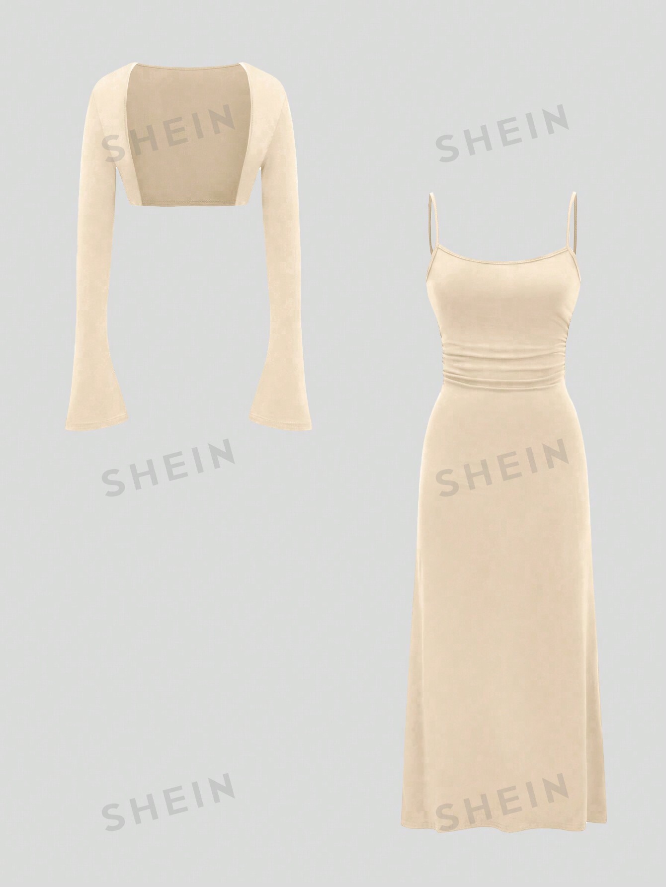 SHEIN MOD женское однотонное платье-комбинация с плиссированной талией и открытой передней частью с рукавами-колокольчиками, абрикос