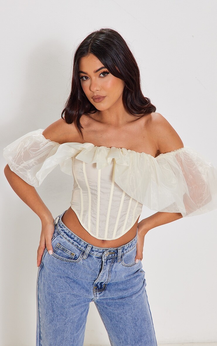

PrettyLittleThing Кремовый шифоновый корсетный топ Extreme Bardot с объемными рукавами и косточкой