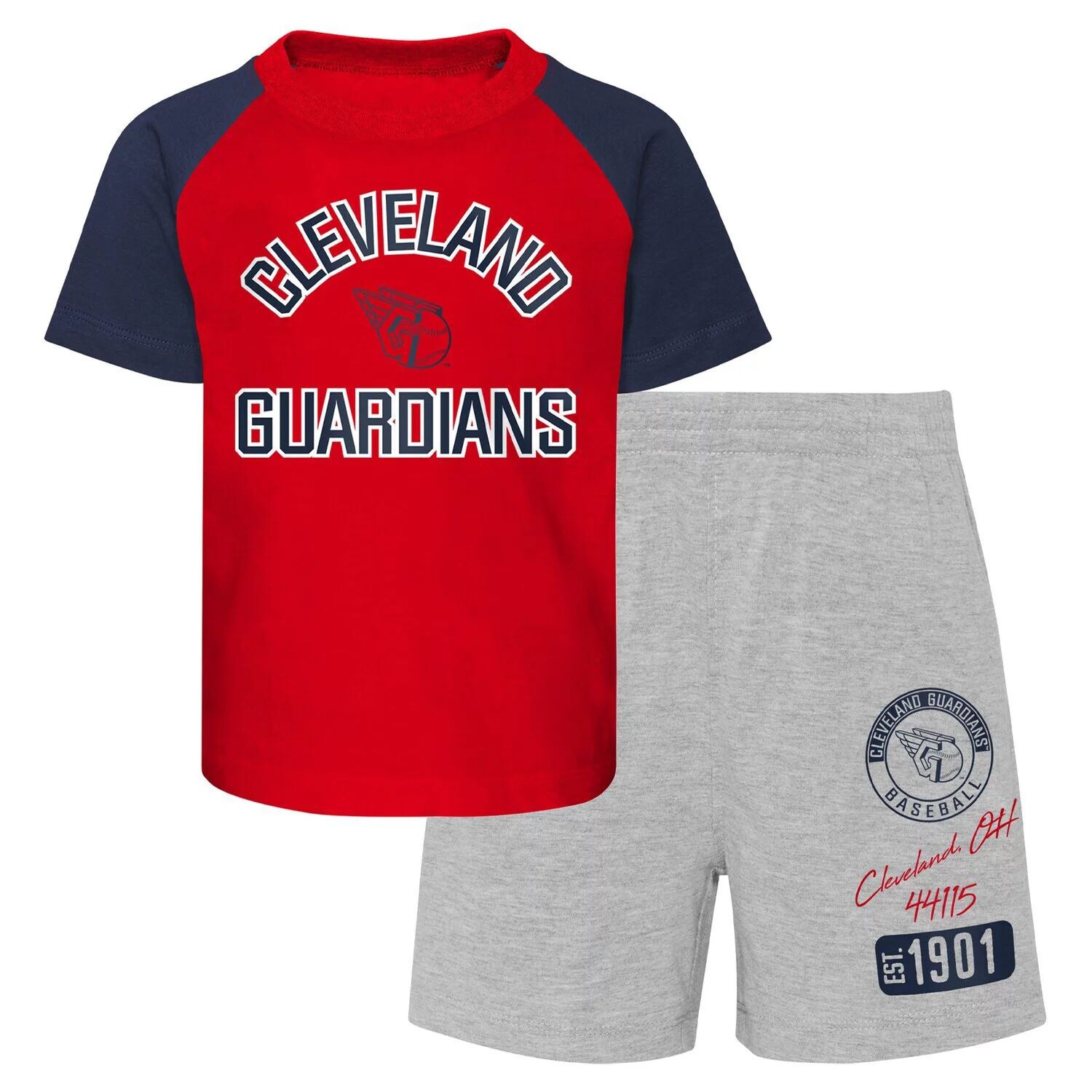 

Комплект из футболки и шорт реглан Infant Red/Heather Grey Cleveland Guardians Ground Out Baller Outerstuff