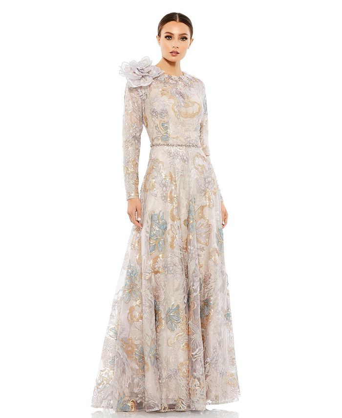 цена Женское украшенное платье с длинными рукавами и высоким воротником с розовой аппликацией Mac Duggal, мультиколор