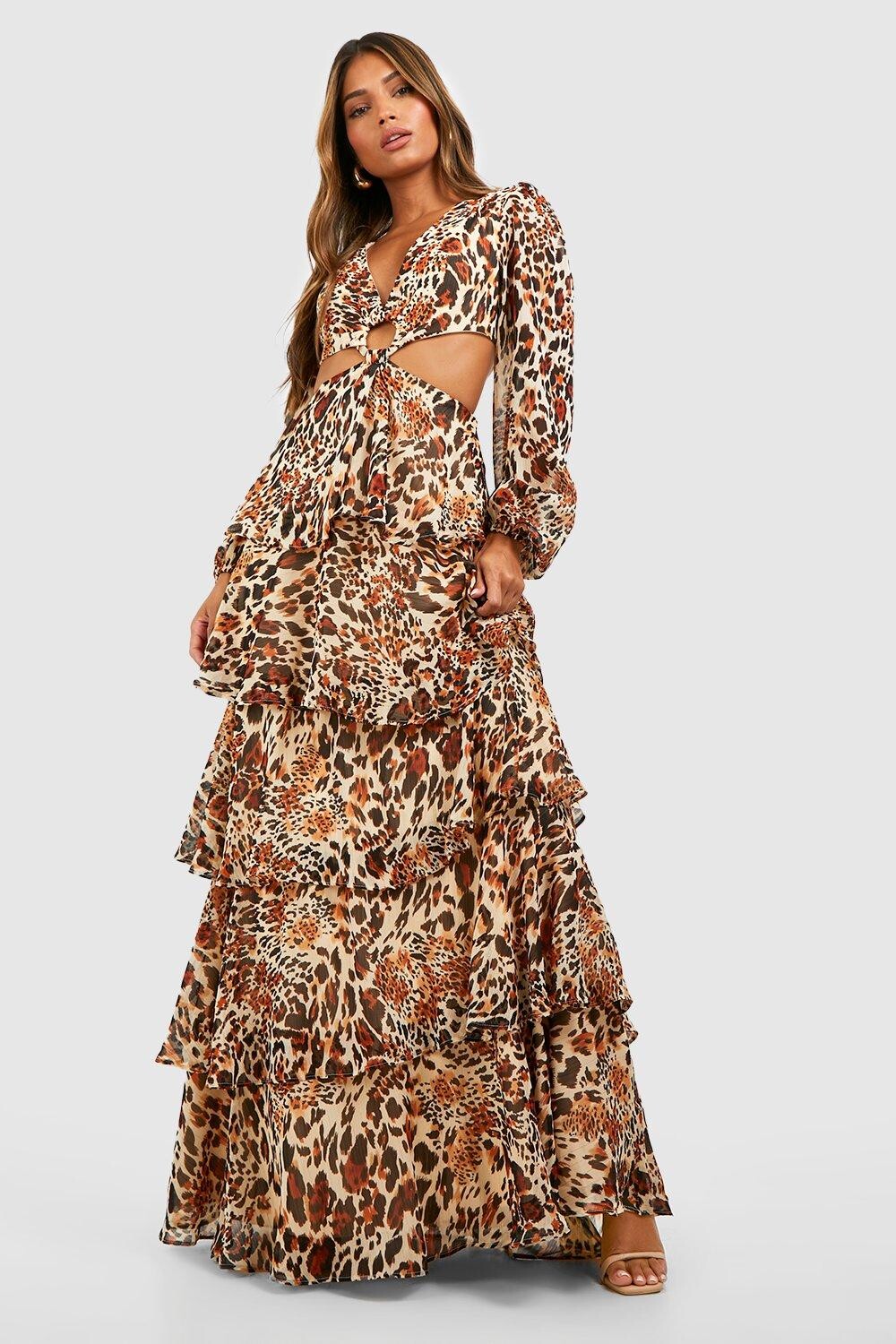 

Леопардовое шифоновое платье макси с рюшами Boohoo, коричневый