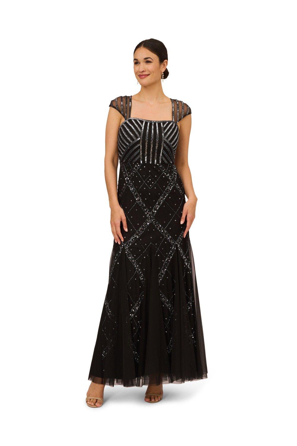 Платье с короткими рукавами и бисером Papell Studio, черный женское вечернее платье золотистое платье с длинным рукавом и круглым вырезом расшитое бисером 2021