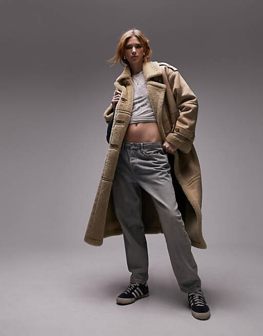 

Коричневое пальто-авиатор в стиле оверсайз Topshop, Коричневый