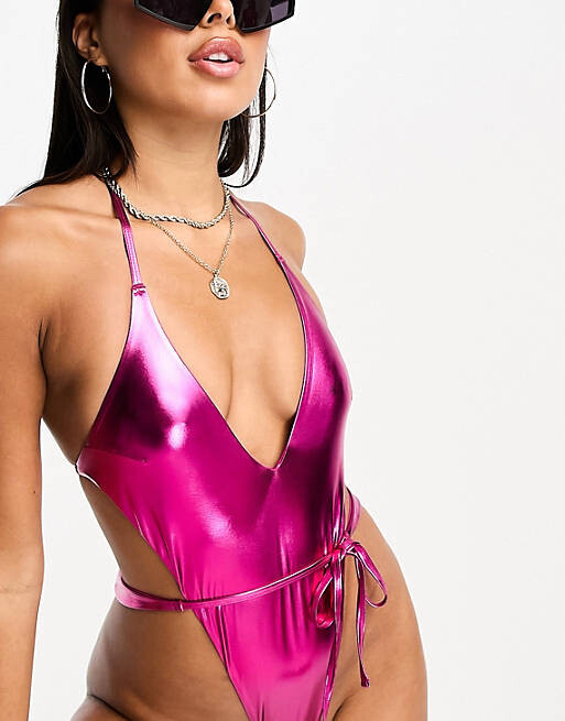 

Розовый купальник с глубоким вырезом и глубоким вырезом ASOS DESIGN