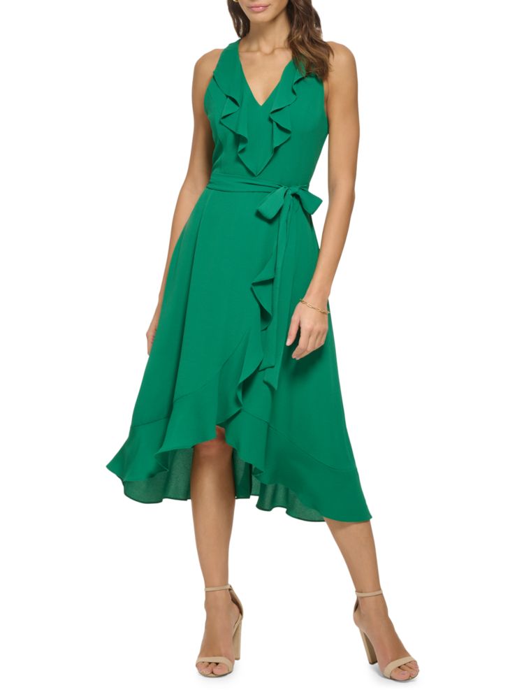 Асимметричное платье миди с поясом и рюшами Kensie, цвет Tropical Green