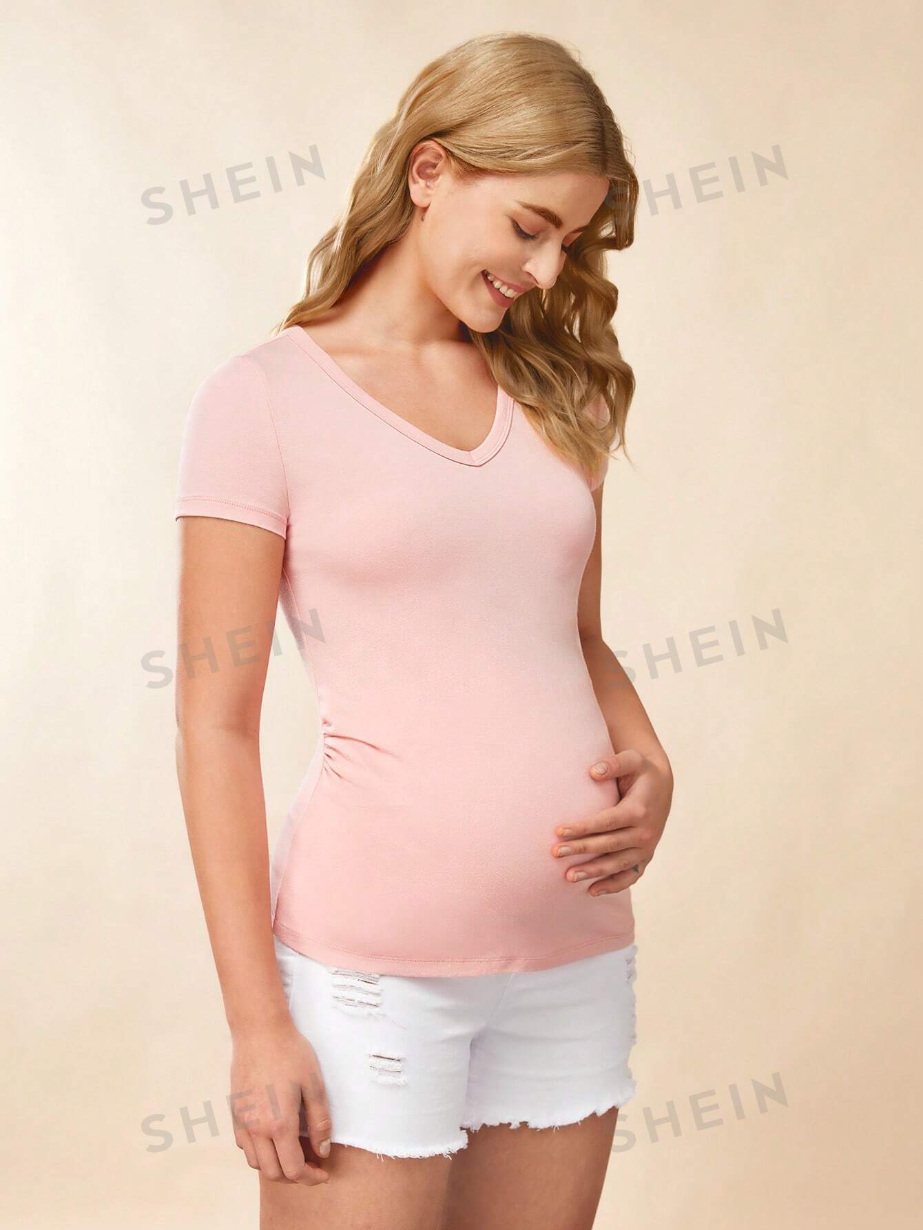 SHEIN Однотонная футболка для беременных с v-образным вырезом, детский розовый
