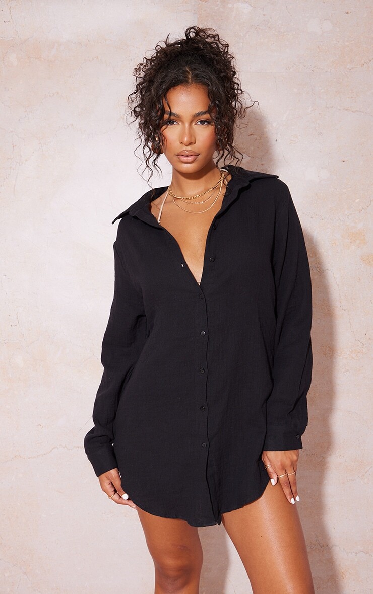 

PrettyLittleThing Черное мягкое жатое пляжное платье-рубашка оверсайз, Черный