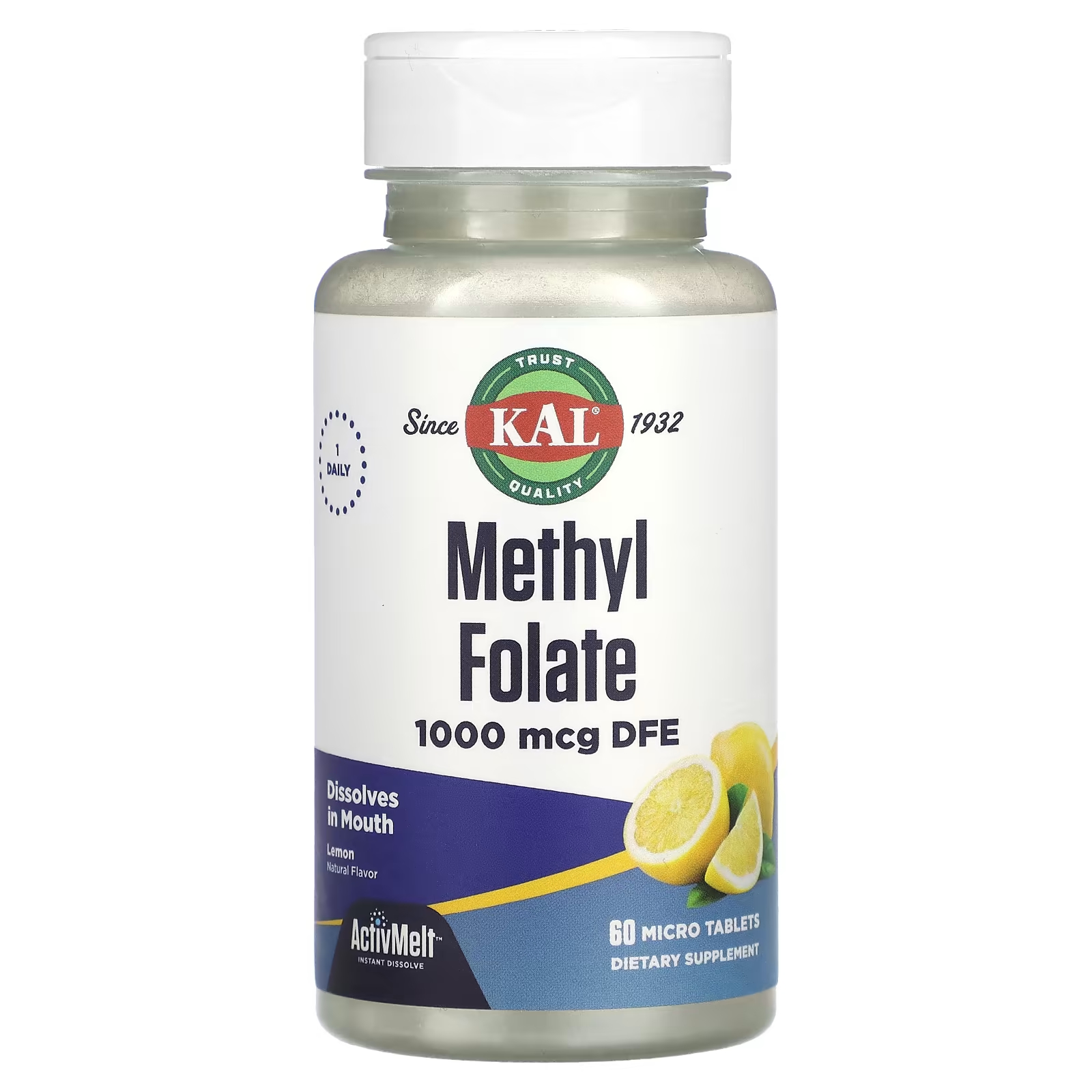 Биологически активная добавка KAL метилфолат, лимон, 1000 мкг., DFE, 60 микротаблеток kal ультрабиотин activmelt ягодная смесь 10 000 мкг 60 микротаблеток