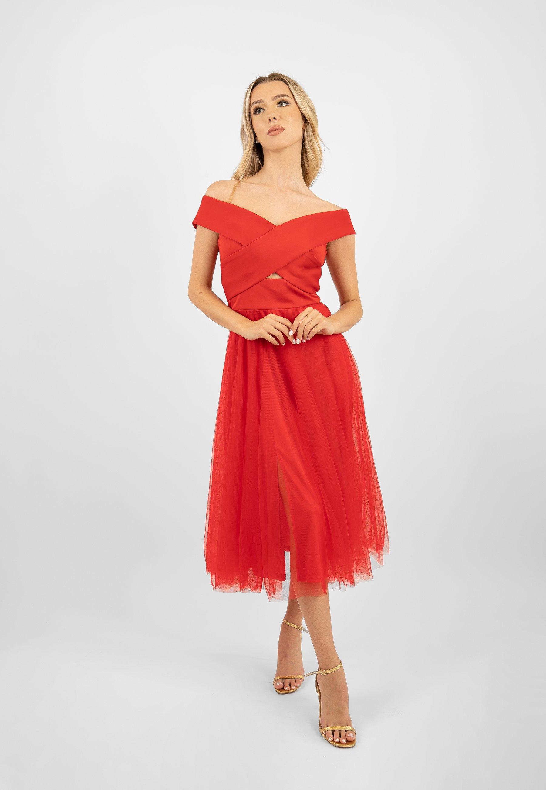 Красное платье-миди из тюля с разрезом Skirt and Stiletto, красный длинное платье с вырезом бардо the are мультиколор