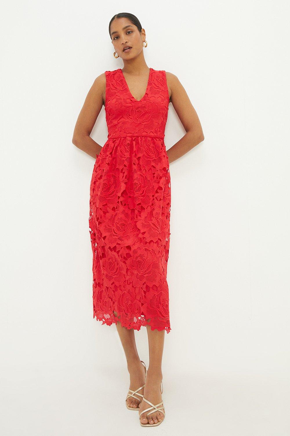 Кружевное платье миди с V-образным вырезом Dorothy Perkins, красный