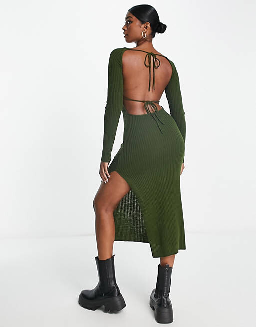 

Трикотажное платье миди цвета хаки с завязками на спине ASOS DESIGN