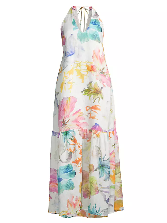 Льняное платье макси с бретелькой на шее и цветочным принтом 120% Lino, цвет maxi floral