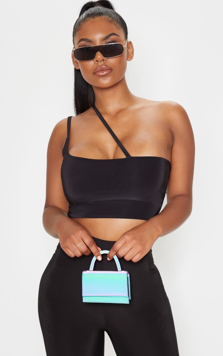 

PrettyLittleThing Черный обтягивающий укороченный топ с асимметричными бретелями