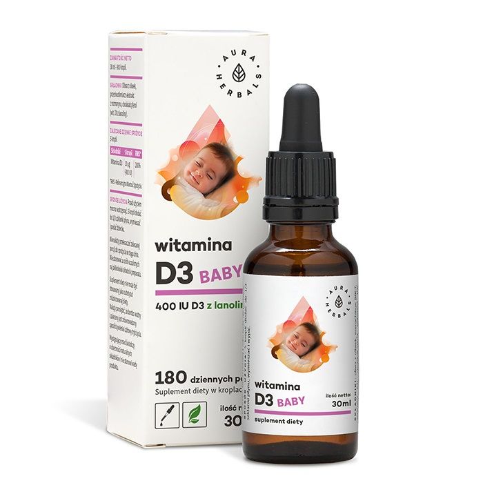 Витамин Д3 для детей Aura Herbals Witamina D3 Baby 400 IU Krople, 30 мл aura herbals witamina d3 4000 iu витамин d3 в капсулах 90 шт