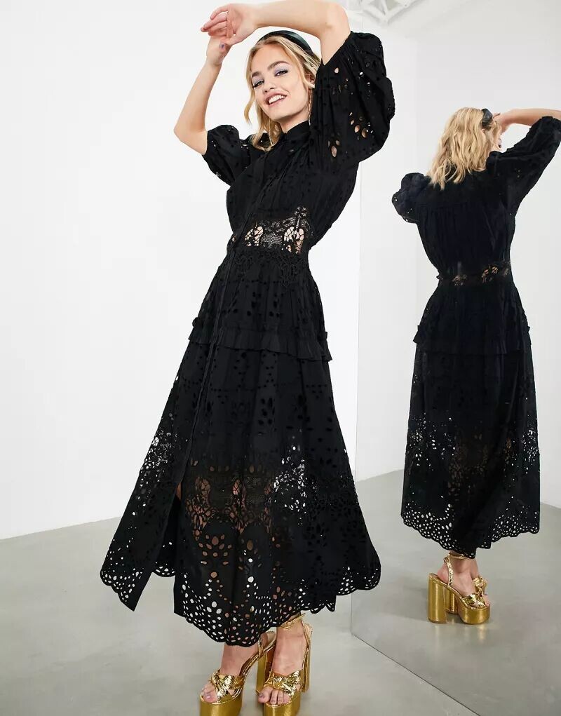 

Черное платье-рубашка миди с завышенной талией и пышными рукавами ASOS