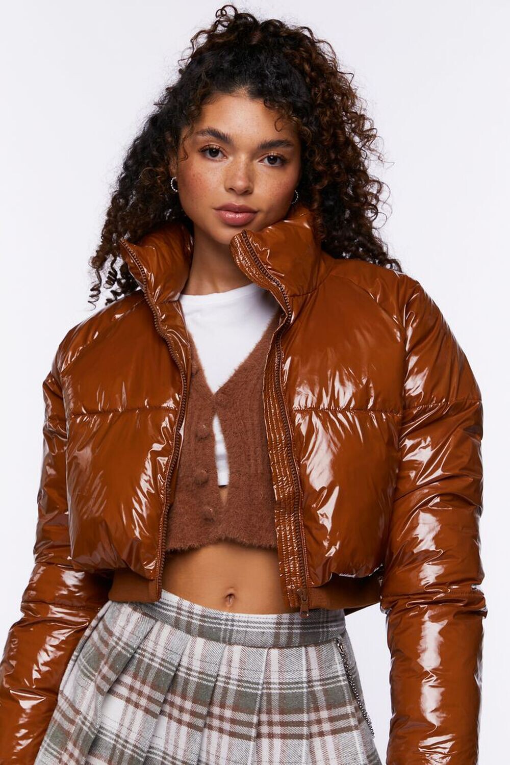 

Пуховик из искусственной лакированной кожи Forever 21, коричневый