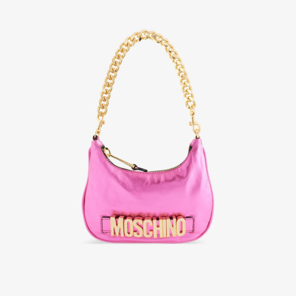 Кожаная сумка на плечо с логотипом и цепочкой на ремешке Moschino, фиолетовый