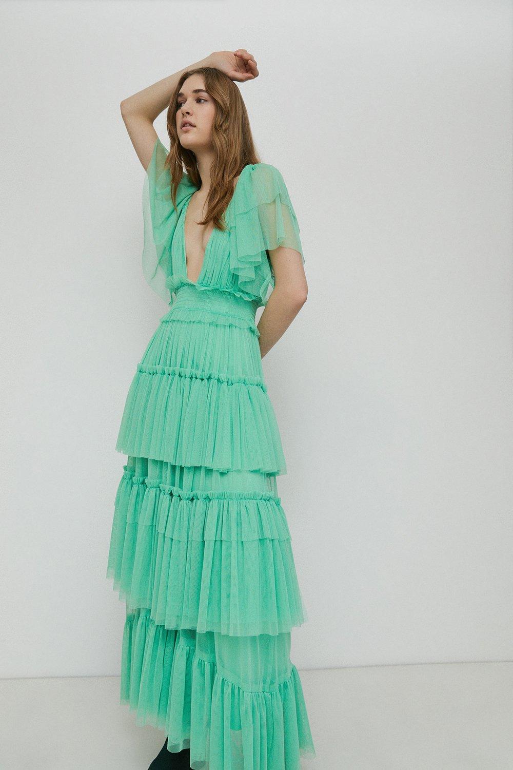 Платье макси из тюля с V-образным вырезом Warehouse, зеленый бордовое трикотажное платье макси с v образным вырезом topshop