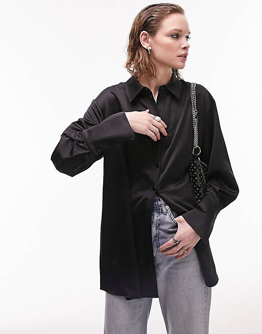 

Черная атласная рубашка с длинными рукавами Topshop