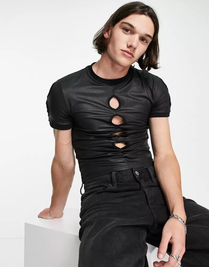 

Черная футболка из искусственной кожи с вырезами ASOS