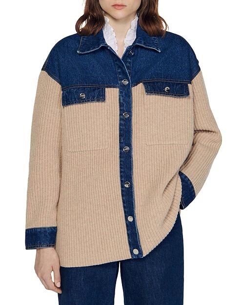 

Пальто смешанной вязки ребристой вязки Sandro, цвет Tan/Beige