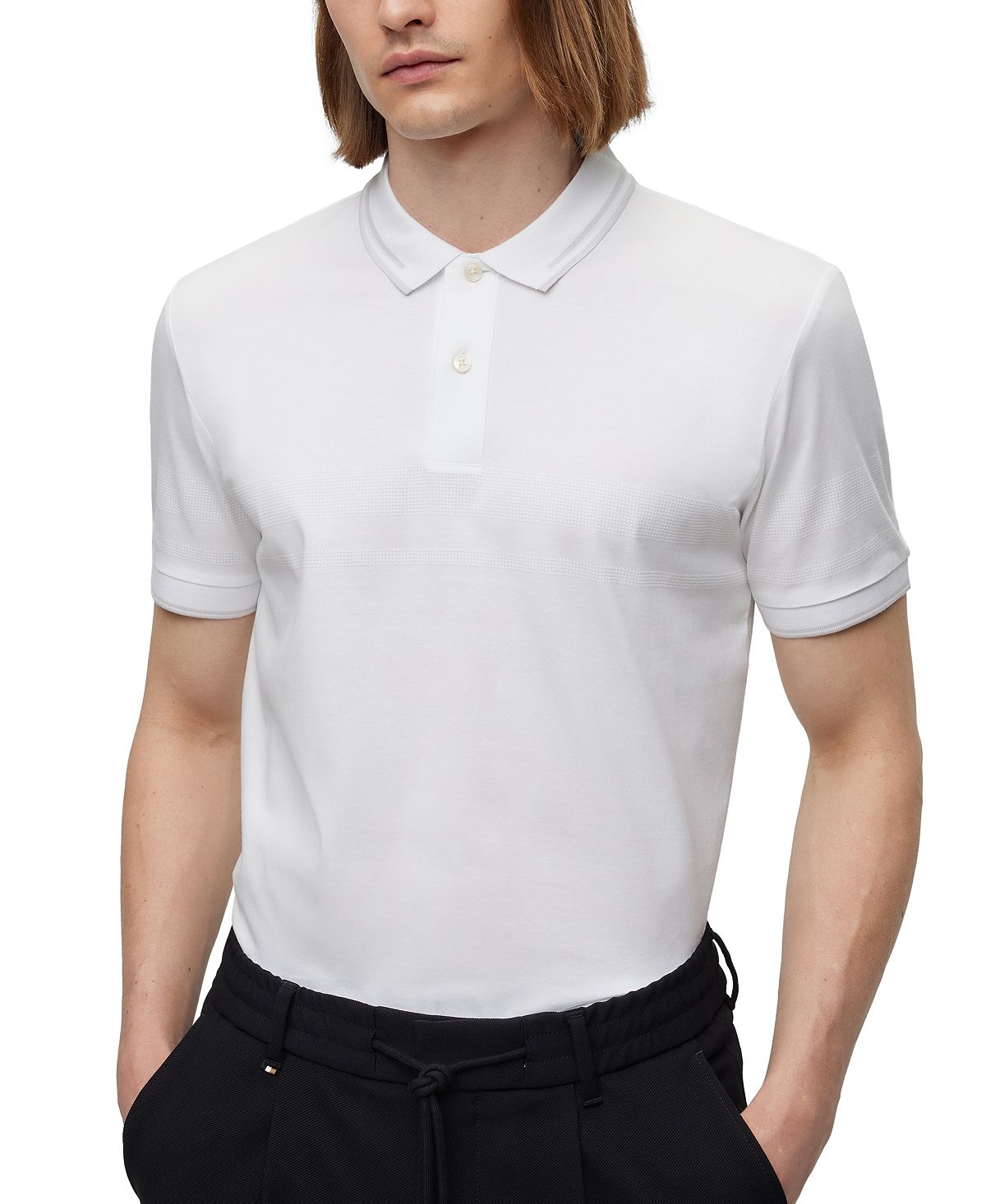 цена Мужская рубашка-поло приталенного кроя в жаккардовую полоску Hugo Boss