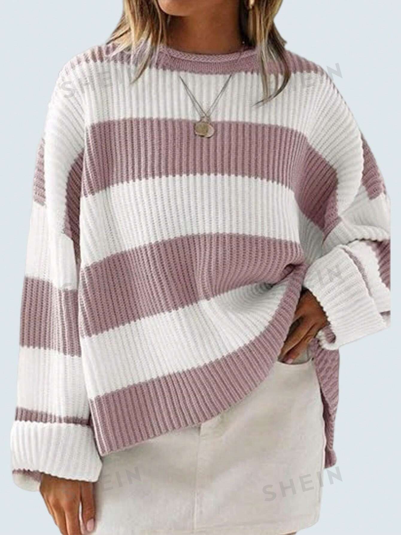 Женский свободный свободный свитер в полоску с цветными блоками и заниженной линией плеч, розовый