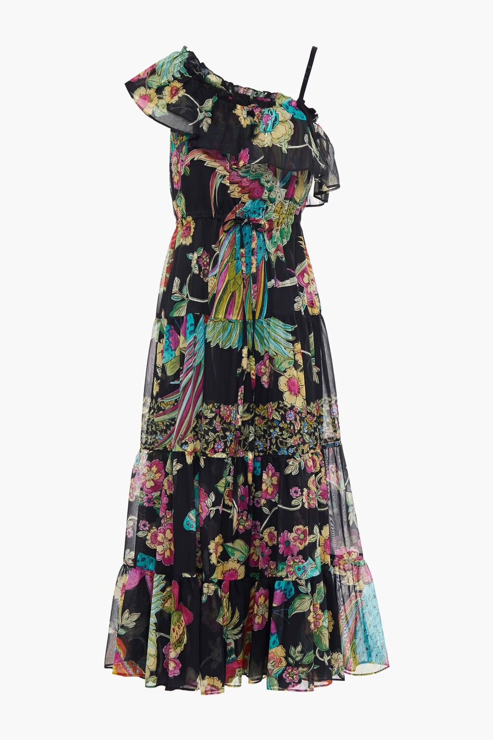 

Платье миди на одно плечо из вуали с принтом из хлопка и шелка Redvalentino, черный